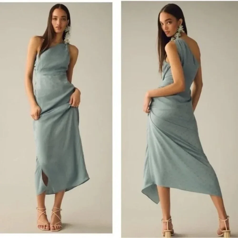 🆕FAVORITE DAUGHTER The Singles Table One Shoulder Dress Gown Polka Dot Blue 4 - Picture 6 of 16